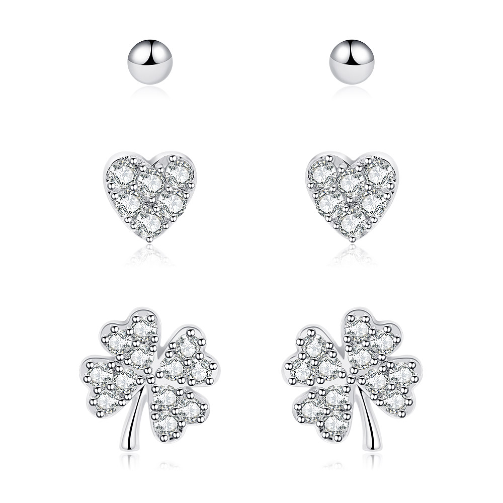3 Pairs 5mm Tiny Heart 3mm Ball Bead & Small Clover Leaf Stud Earrings Set
